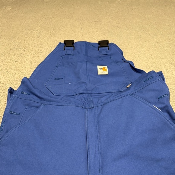 Carhartt Men's Flame-Resistant Striped Duck Bib Overall Unlined Blue Work 34x32 - Picture 1 of 9